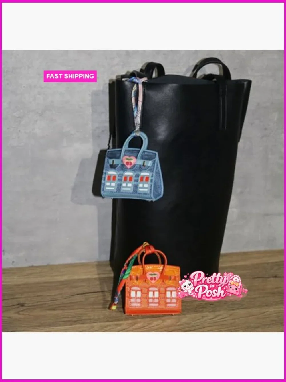 Faux Leather Mini Tote Bag Charms Keychain Pouch Set